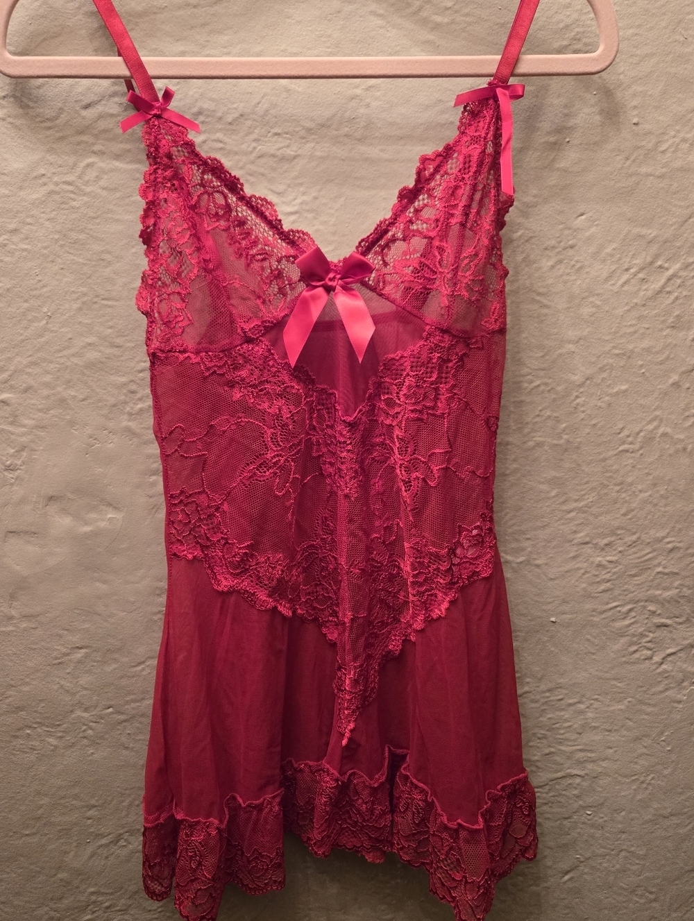 Y2K Red Lace Babydoll Slip Dress Sheer Lingerie Coquette Medium